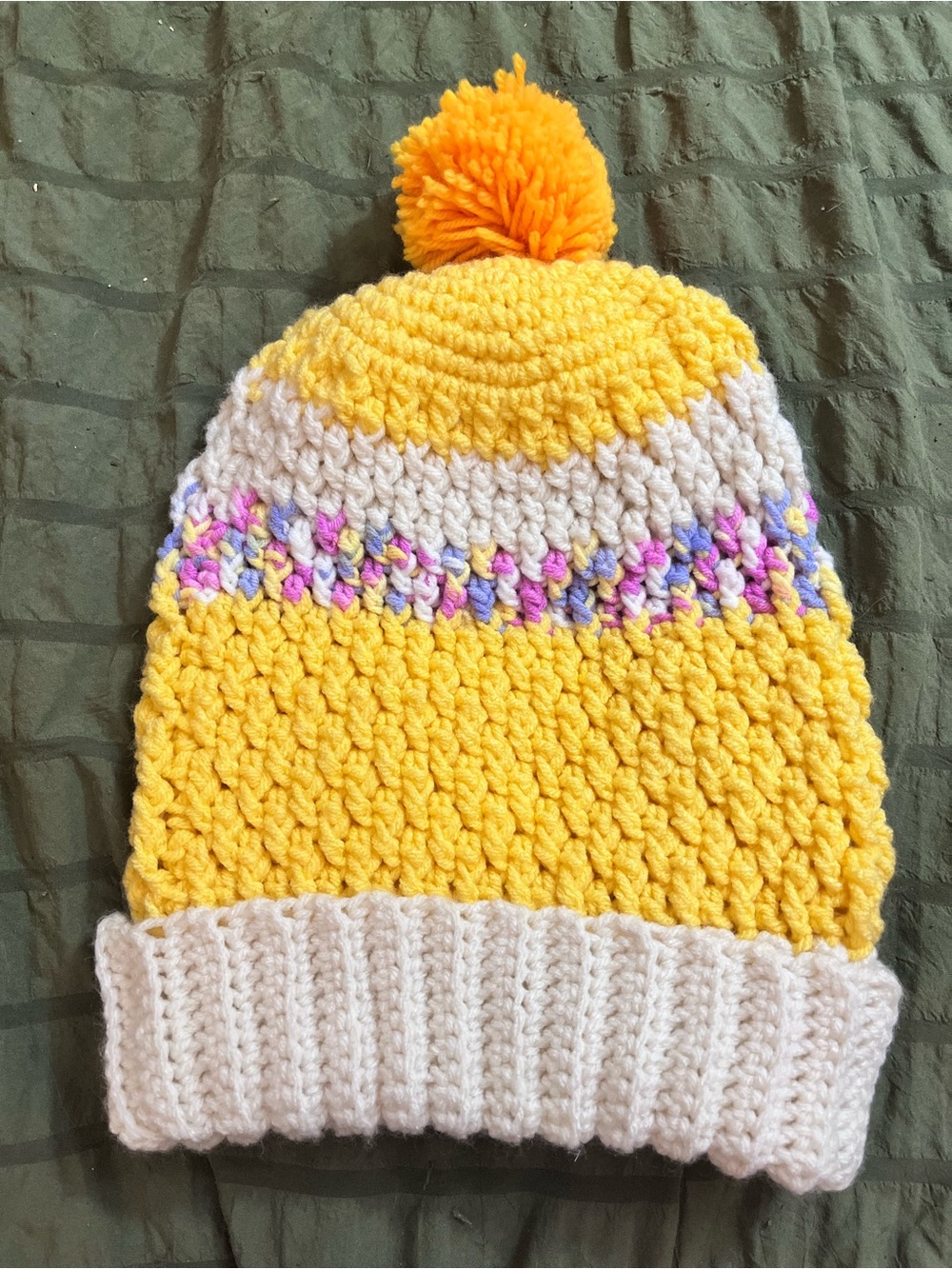 Crochet Kids Beanie Yellow White Multicolor Pom Pom Child Size